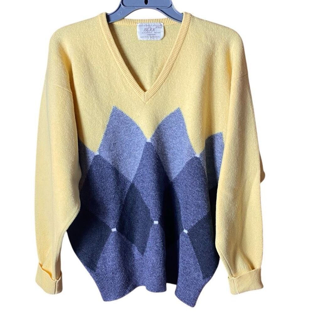 Berk Burlington Arcade Mens Yellow Blue Lambswool Argyle V-Neck Sweater Size 40